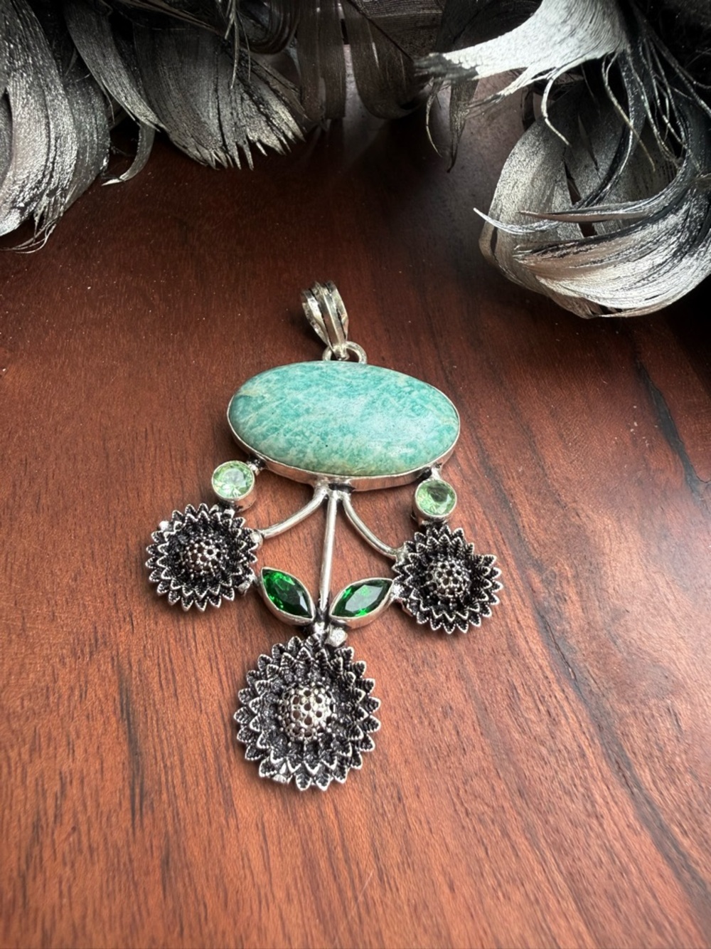 Handmade Amazonite & Peridot 925 Sterling Floral Pendant Statement Jewelry